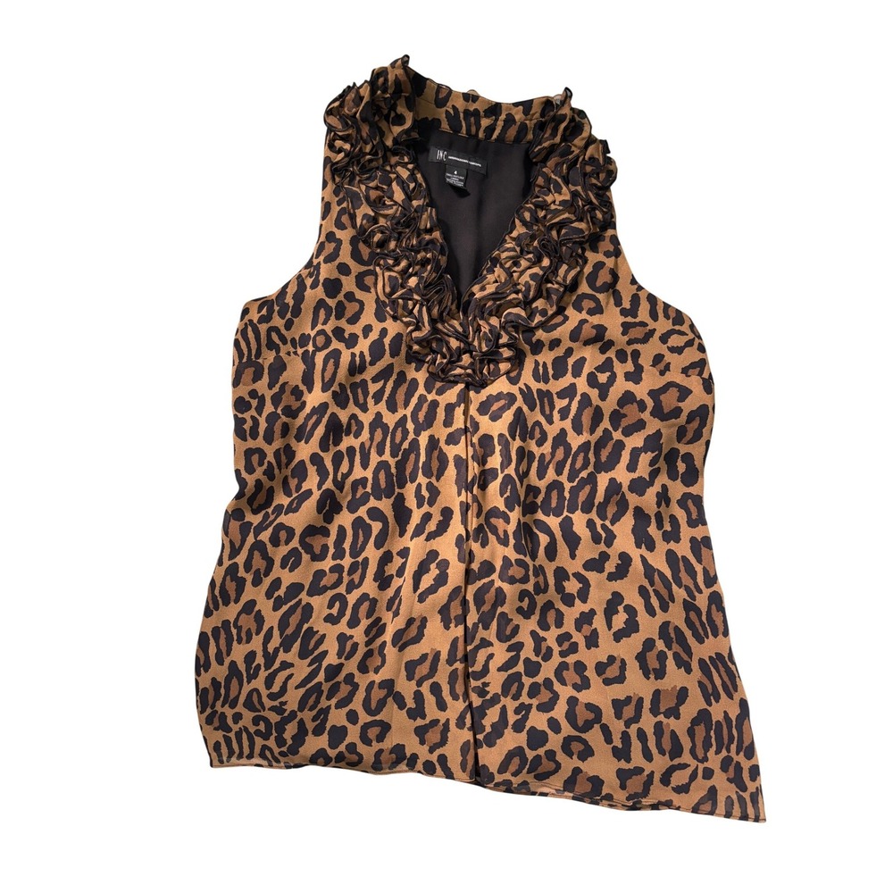 Y2K International Concepts 100% Silk Leopard Print Ruffle Neck Blouse Brown